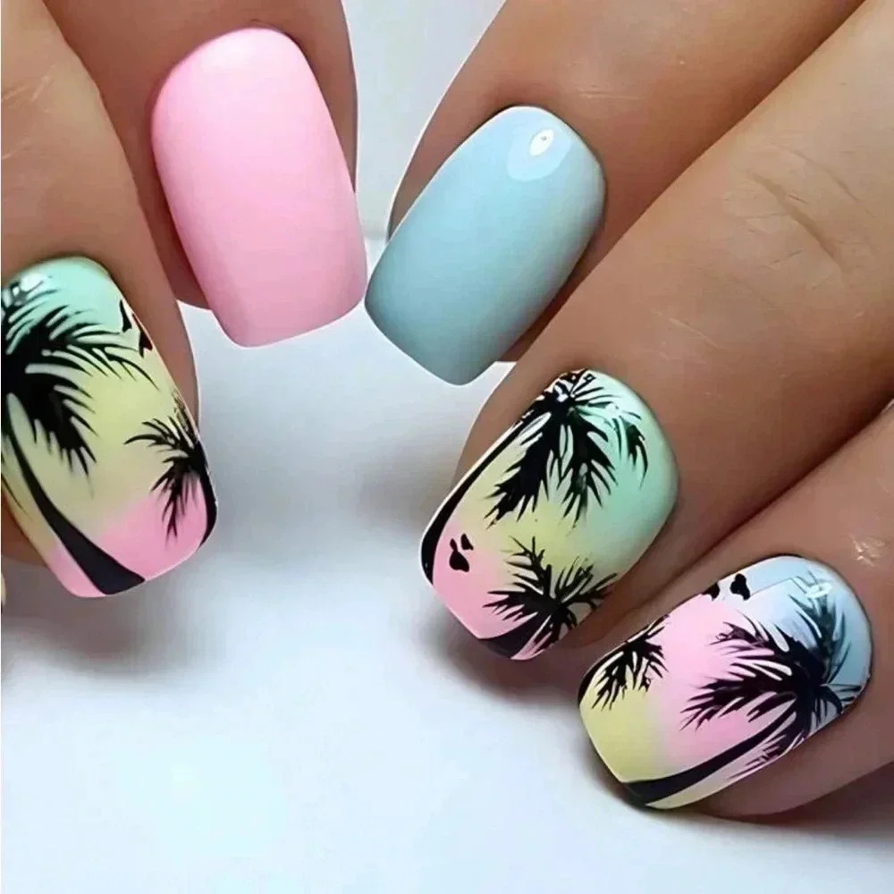 Palm tree press-on,‎ short, square nails